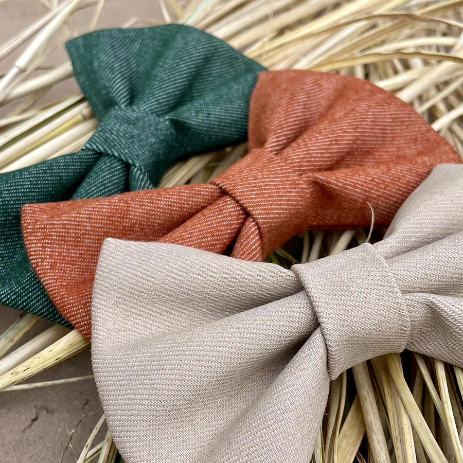 Hunter green, rust, cream denim dog bow ties